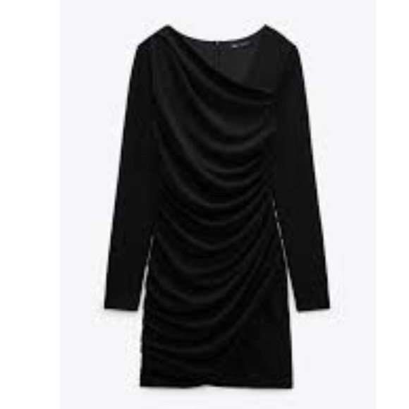 Zara Draped Wrap Mini-Dress Small Black V-neck Cinched Long Sleeves - Picture 1 of 10
